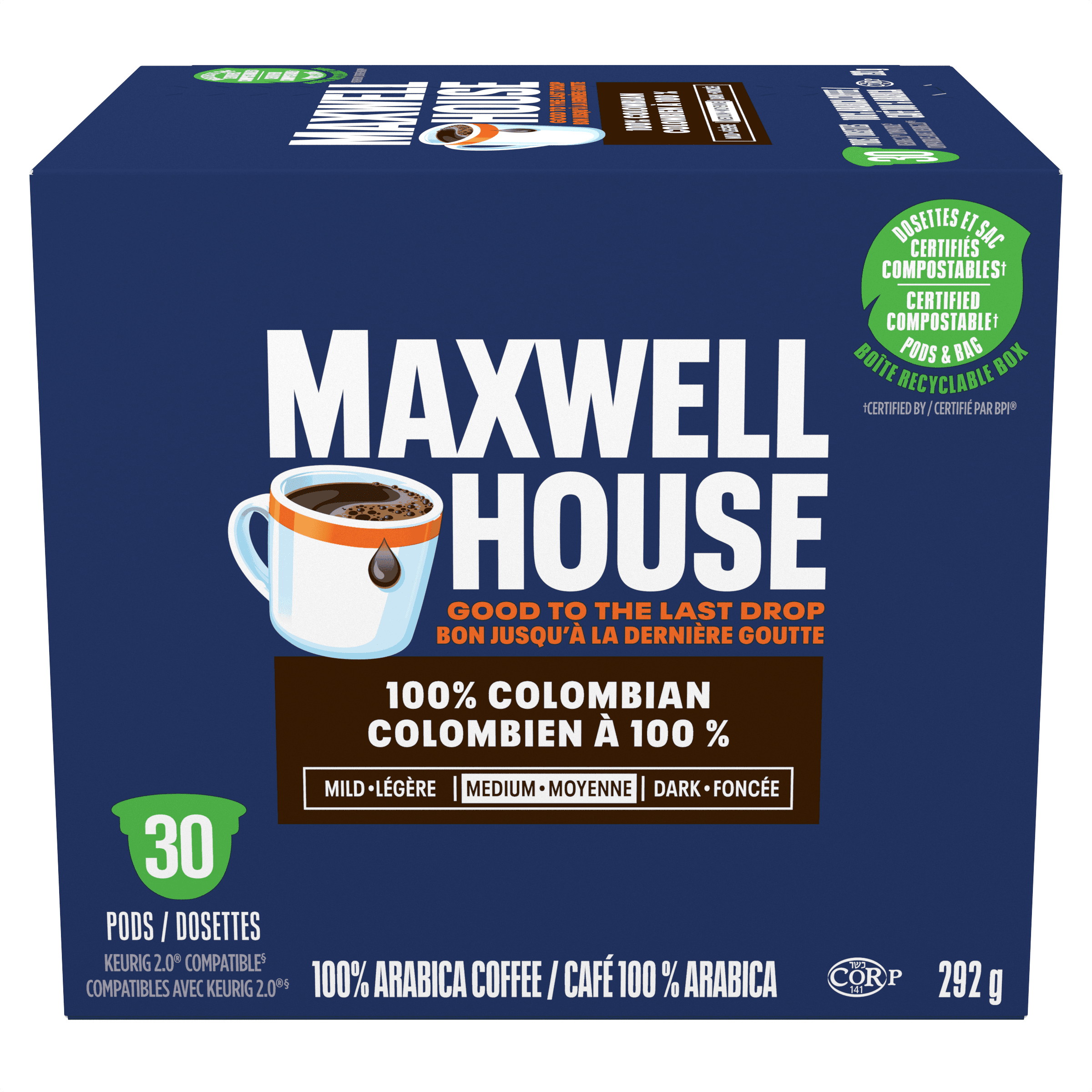 Maxwell House 100% Colombian Coffee Certified Compostable K-Cup Coffee Pods