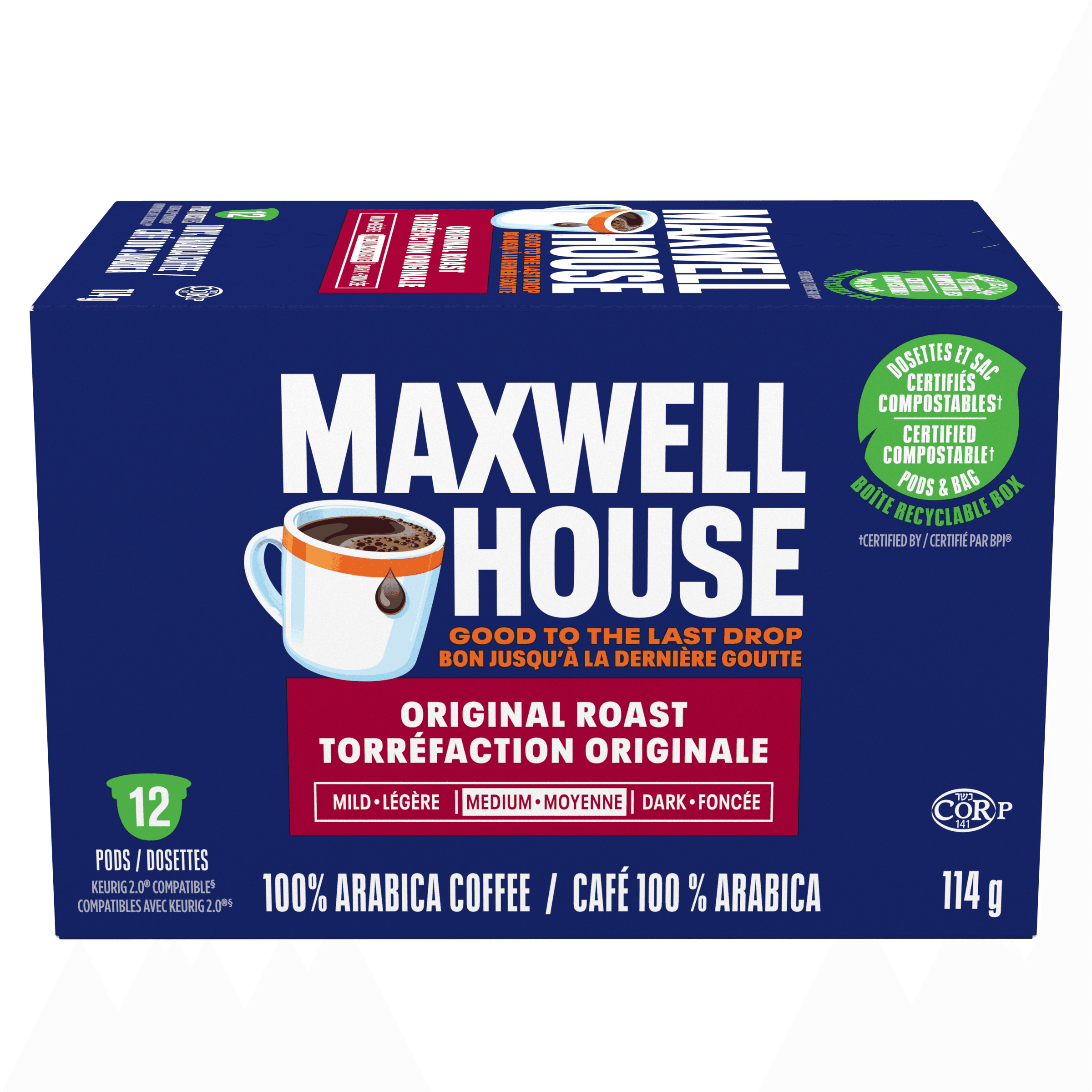 Maxwell House Original Roast Coffee Certified Compostable K-Cup Coffee Pods